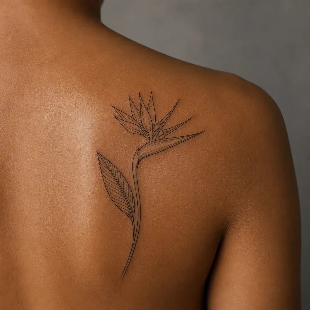 A fine-line bird of paradise flower with one long leaf tattooed on a shoulder blade of warm brown skin.