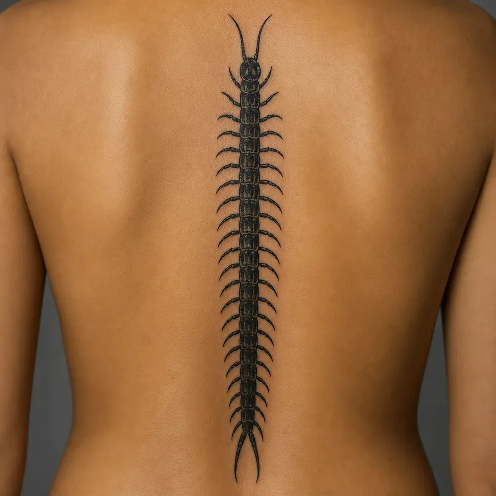 A solid black centipede with many paired legs tattooed straight down the spine of a back with medium brown skin.