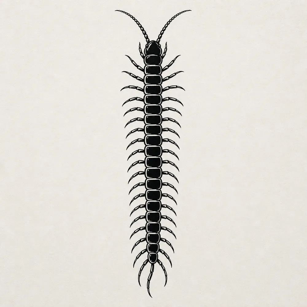 A long centipede drawn top to bottom as a spine piece, its body plates filled solid black with thin highlight lines and many curved paired legs.
