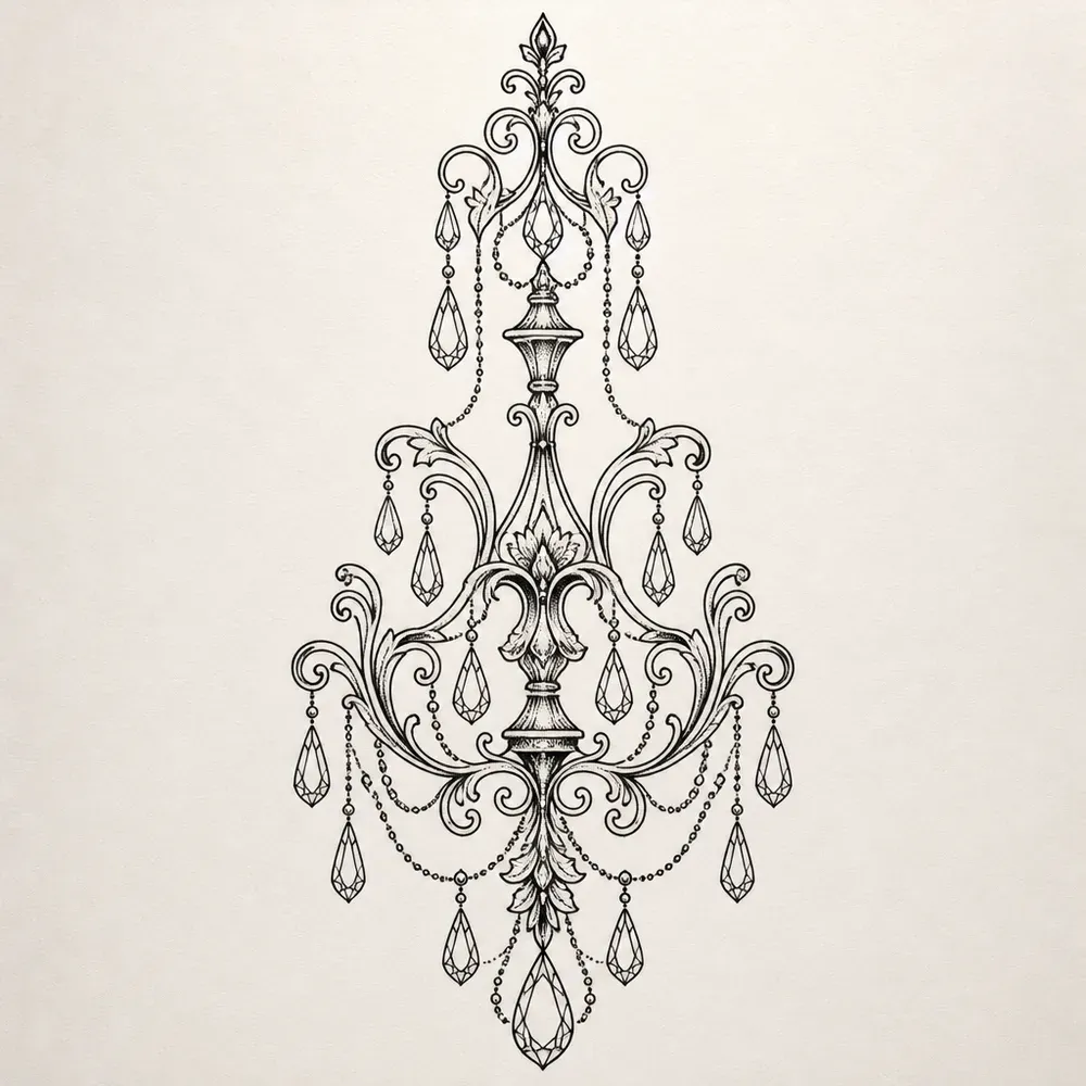 A tall symmetrical chandelier with curled filigree arms, hanging teardrop crystals and looped bead strings, in fine black line.