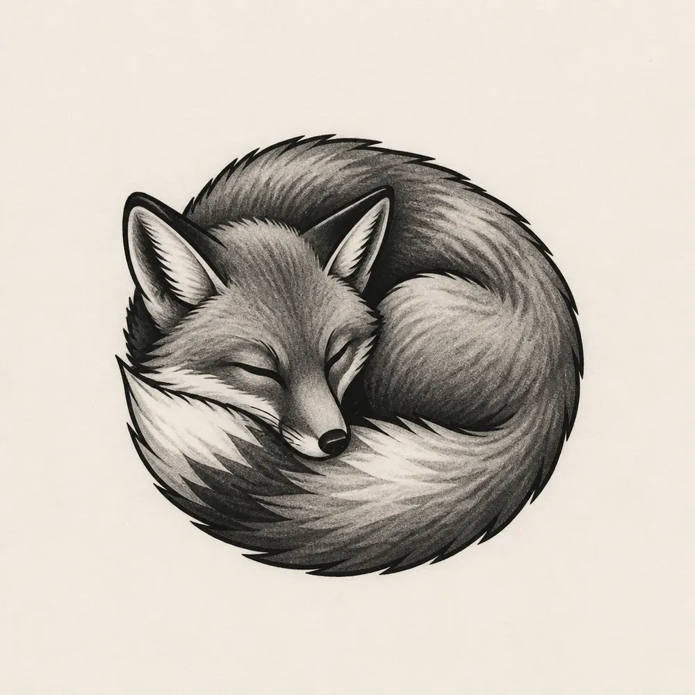 A fox curled asleep in a round shape with its eyes closed and its bushy white-tipped tail wrapped around it, in black and grey shading.