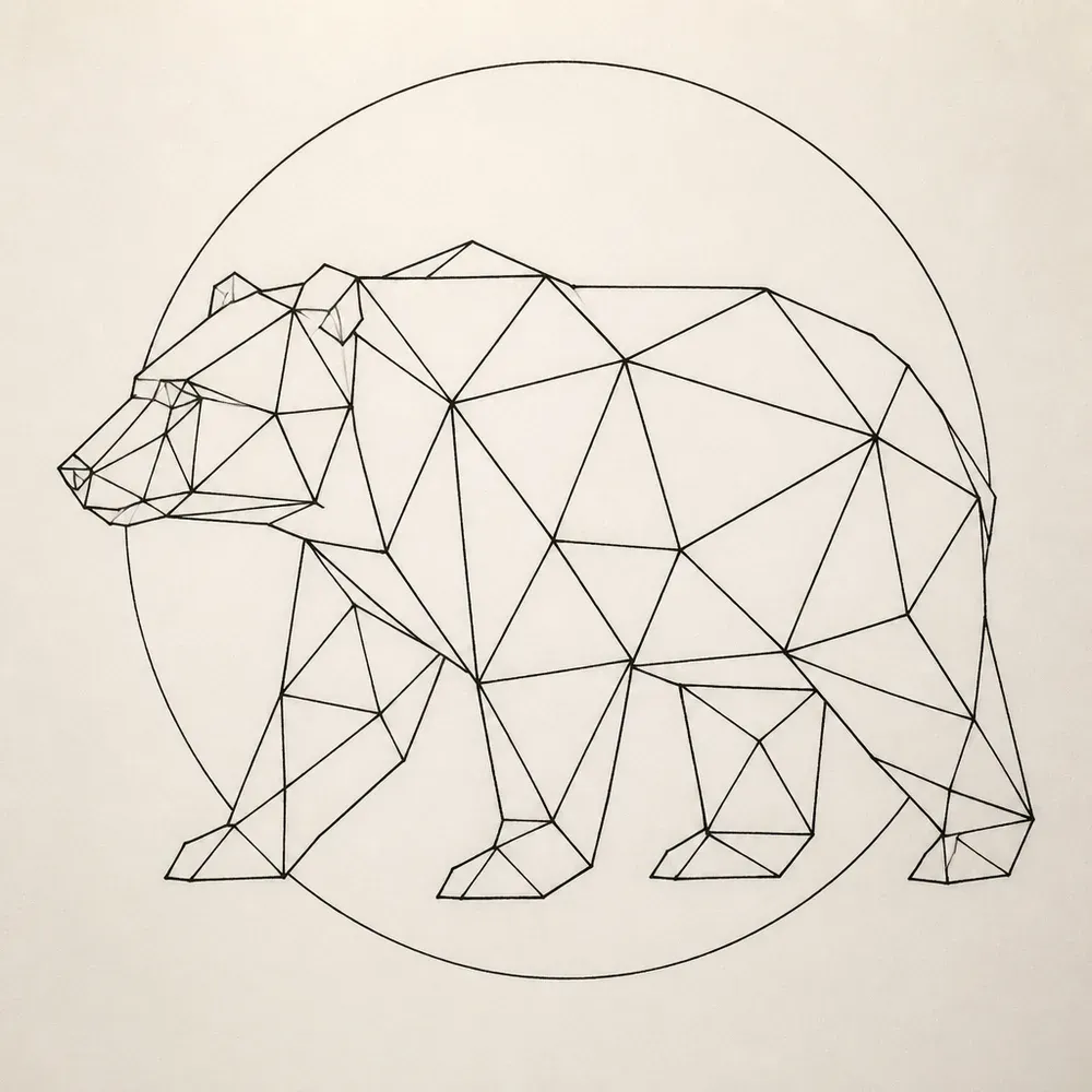 A walking bear in side view built from straight-line triangular facets, set in front of a thin circle, in black line only.