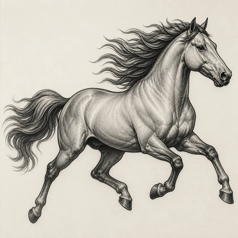 A galloping horse in side view with its mane and tail streaming behind, drawn in black and grey with detailed muscle shading.