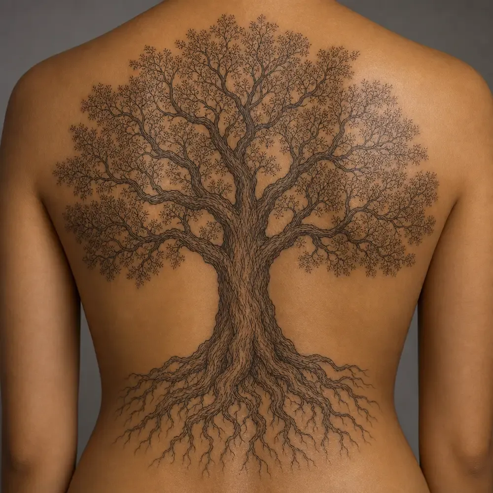 A large fine-line tree with its canopy across the shoulders and roots spreading over the lower back, on warm tan skin.