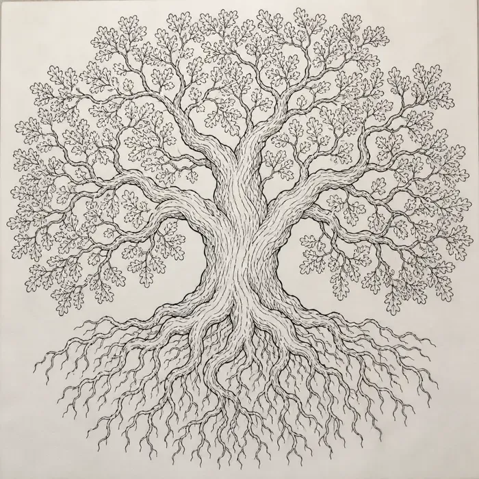 A broad oak tree in black outline, a textured twisting trunk, a wide canopy of small lobed leaves and a dense spread of roots below.