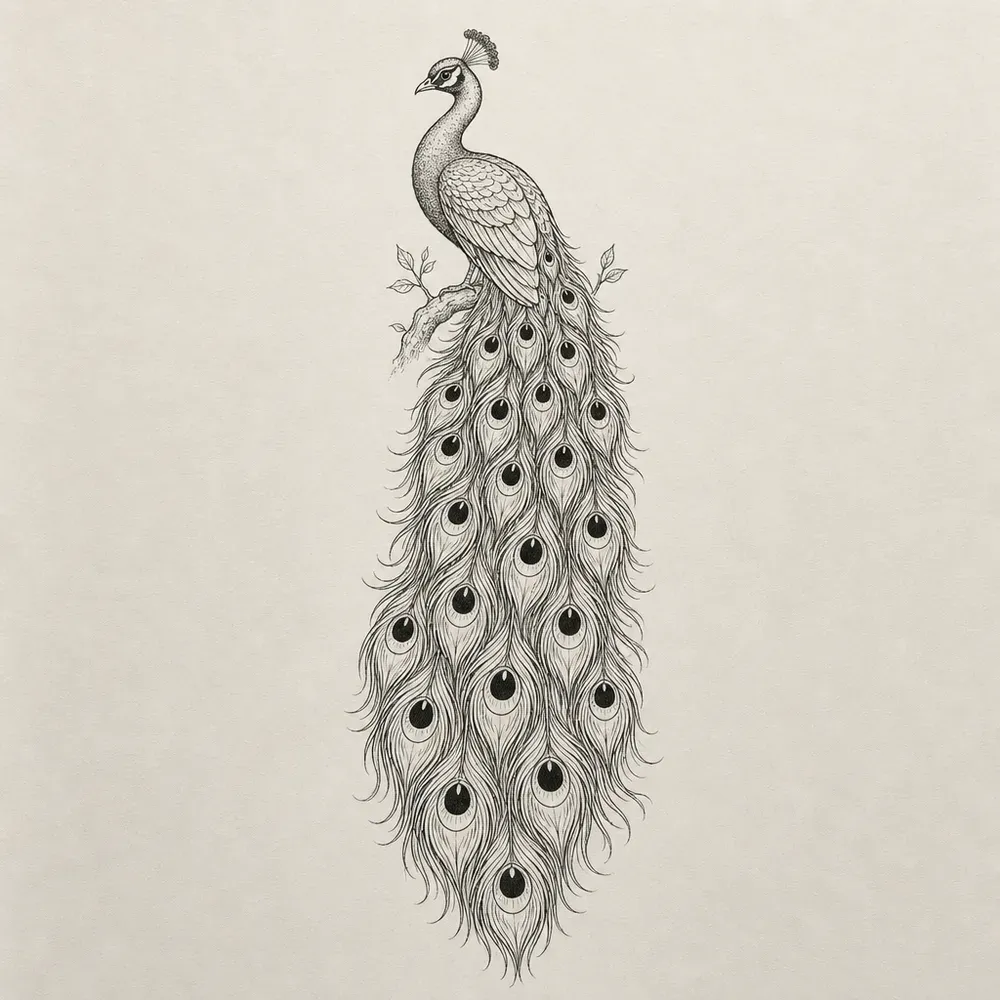 A peacock perched on a leafy sprig at the top, its long train of feathers falling straight down with solid black eye spots.