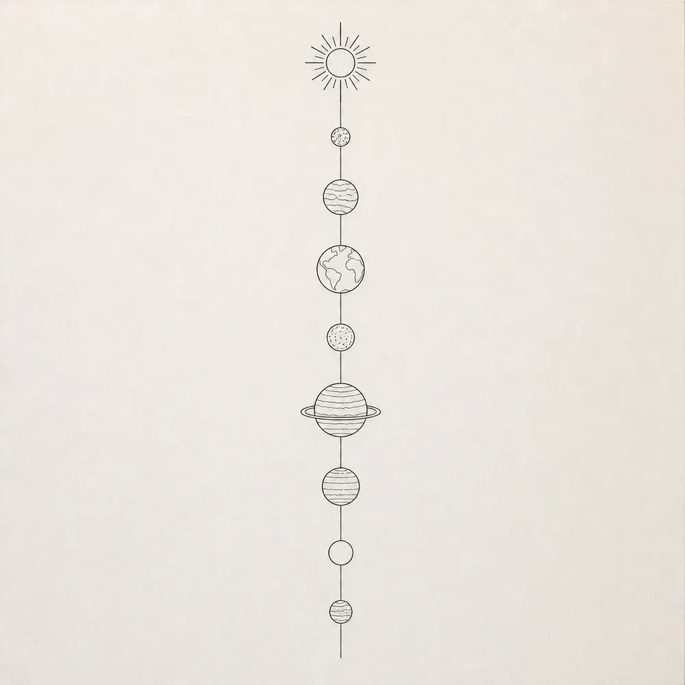 A small rayed sun above eight small planets strung on one thin vertical line, one of them ringed, in fine black outline.