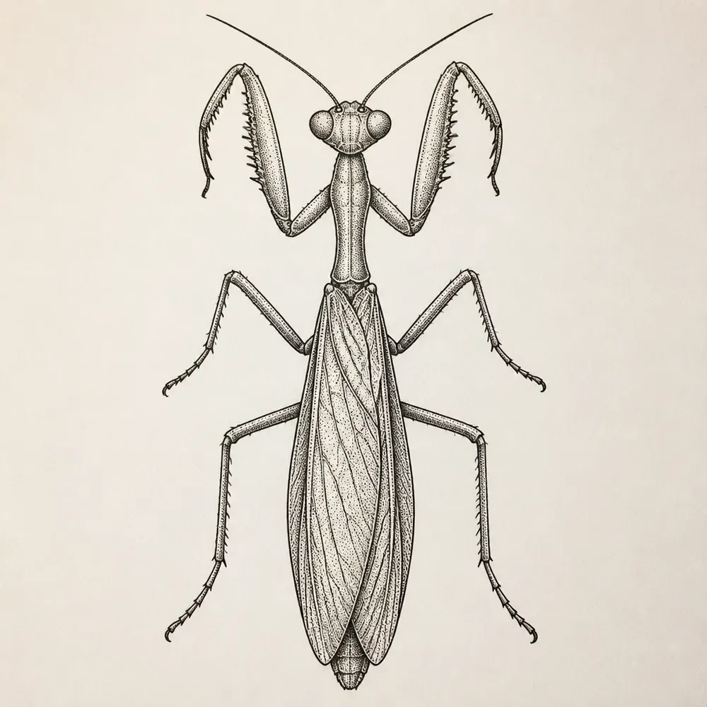 A praying mantis seen from above with its spiked front legs raised, long folded wings and six legs, in black line with light stipple.