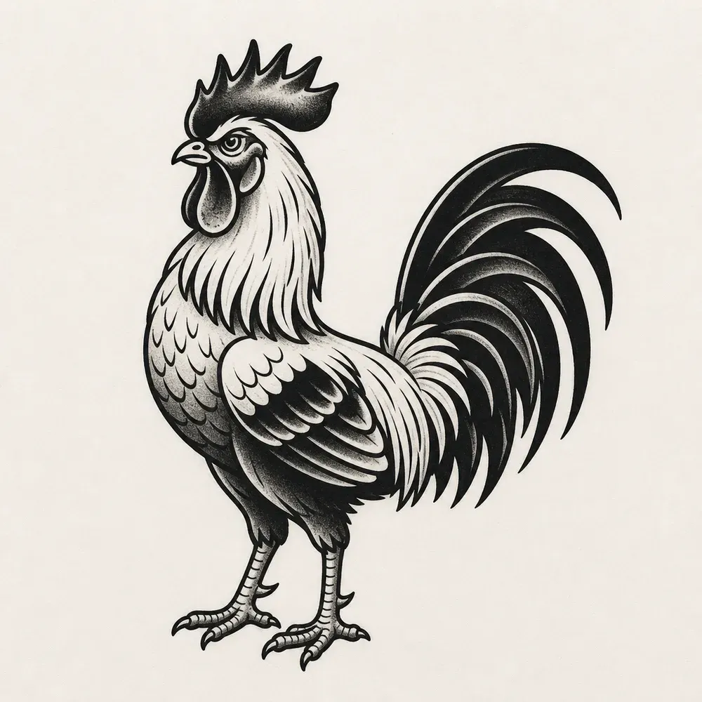 A rooster standing in side view with a tall comb and a long curved tail filled solid black, in bold traditional black outline.