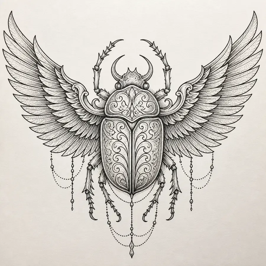 A symmetrical scarab beetle with feathered wings spread to both sides, scrollwork on its shell and chains of small dots hanging below.