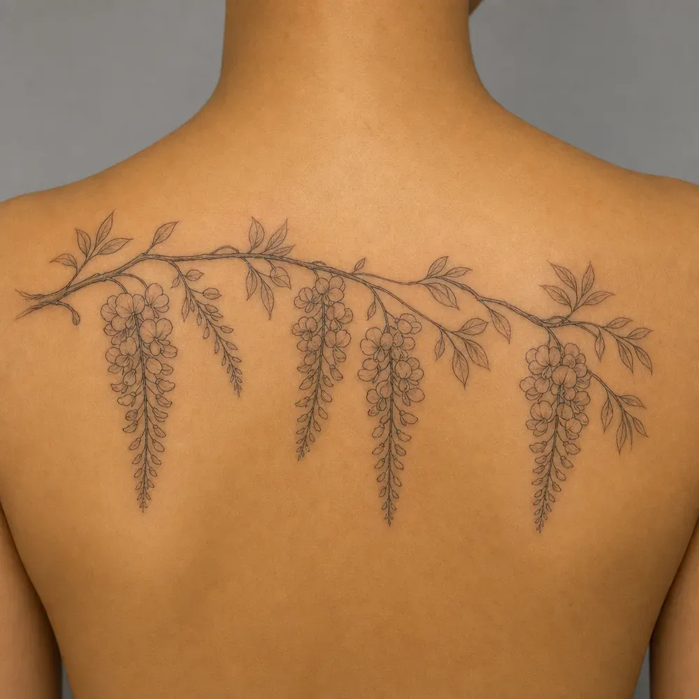 A fine-line wisteria branch with four hanging flower clusters tattooed across the upper back of light tan skin.