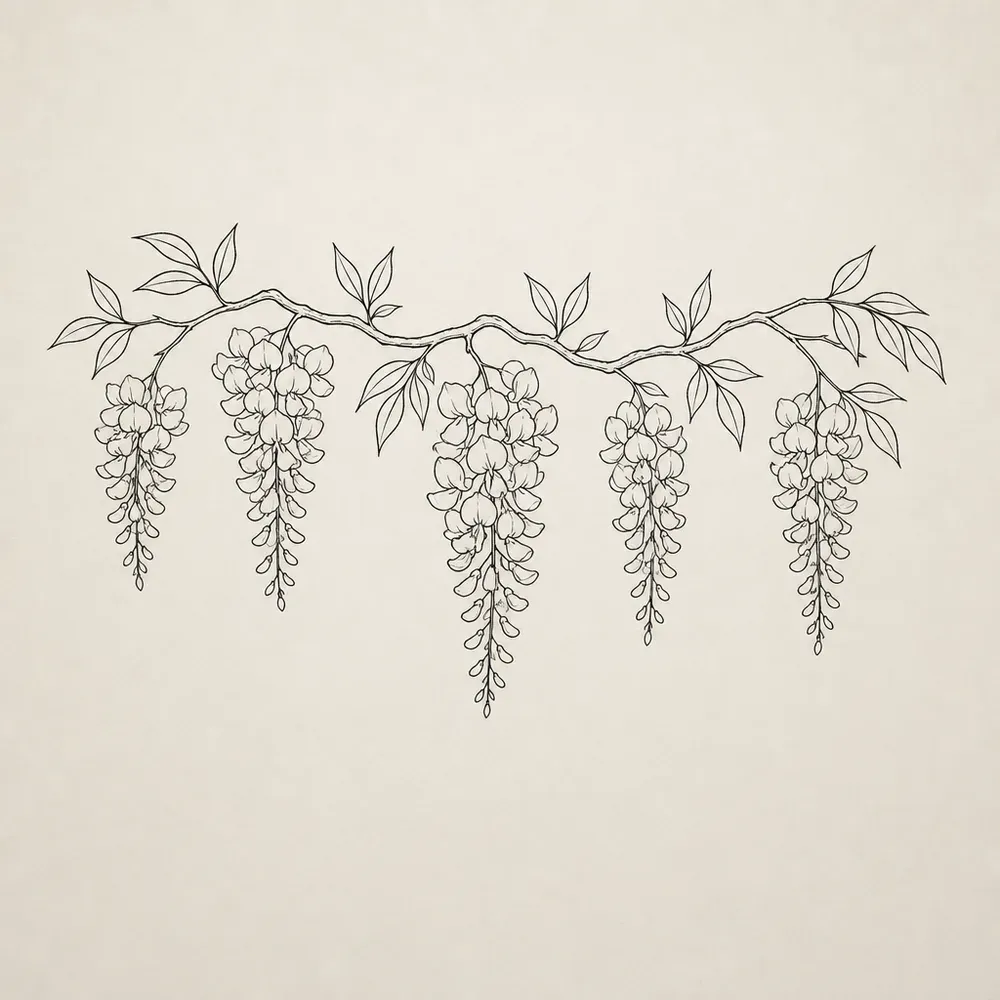 A horizontal wisteria branch with pointed leaves and five hanging flower clusters of small petals, drawn in fine black line.