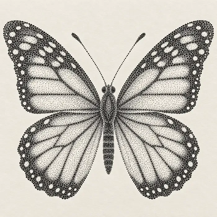 A butterfly built entirely from stippled dots, dense at the wing edges and open towards the body.