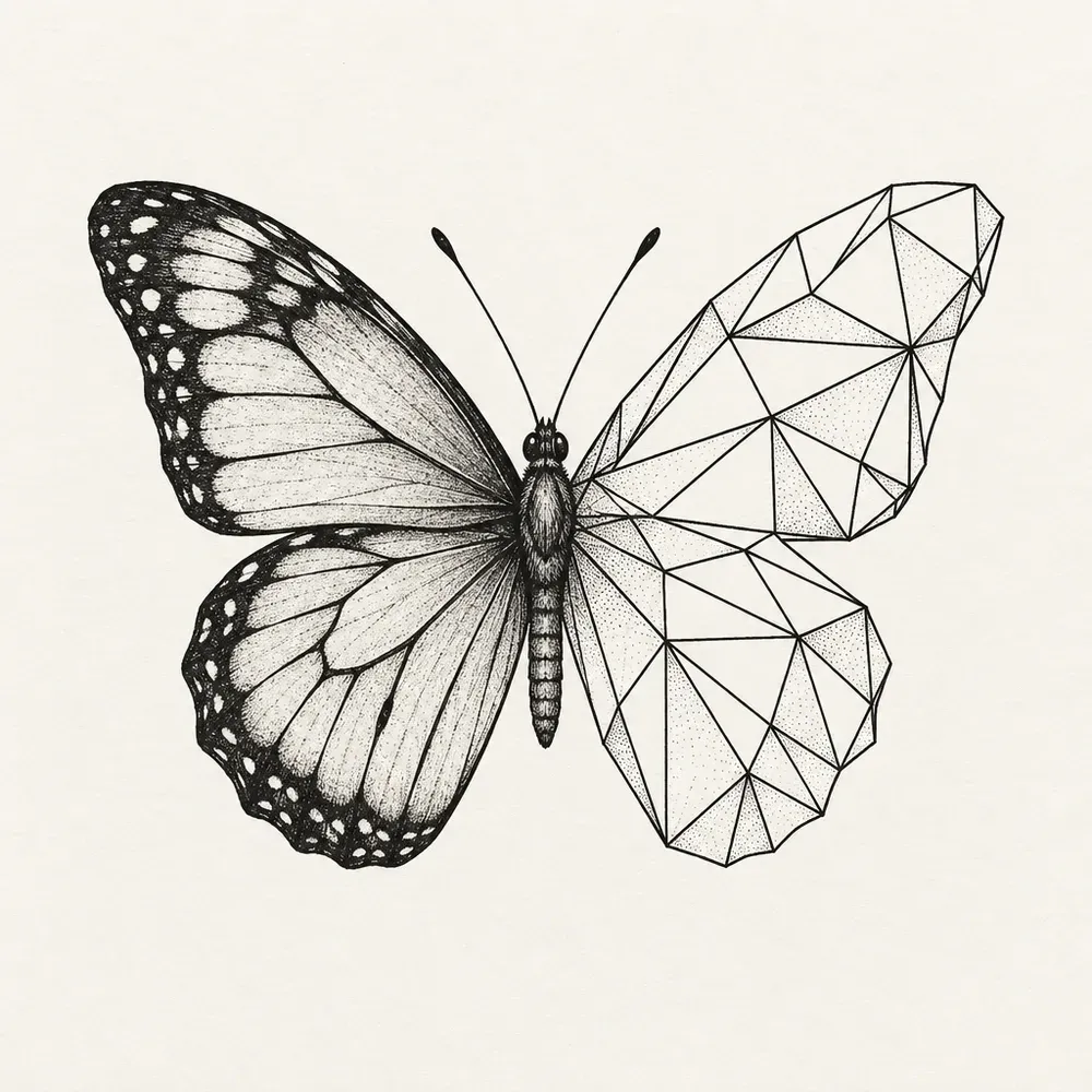 A butterfly with one wing drawn in shaded fine line and the other built from flat geometric facets.