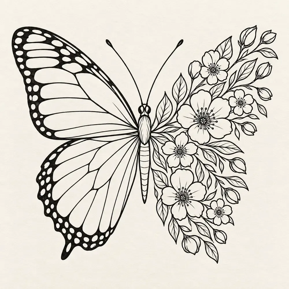 A butterfly whose left side is a veined wing and whose right side is made of flowers and leaves in the wing's place.