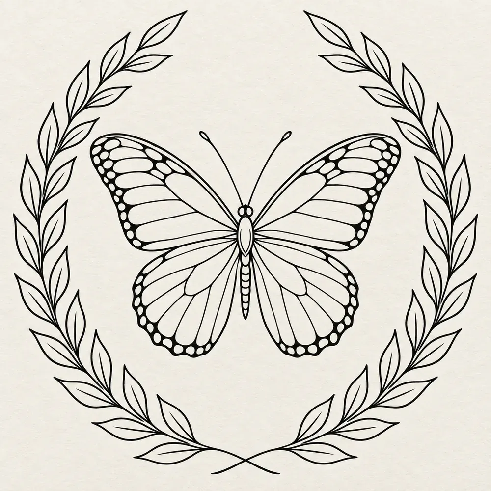 A butterfly framed by an oval laurel wreath that is left open at the top.
