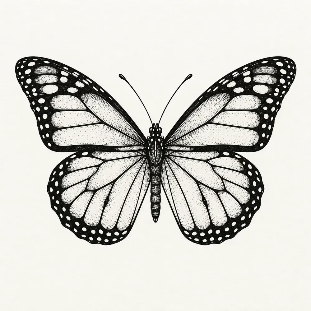 A monarch butterfly with open wings seen from above, its dark borders edged with rows of pale spots.