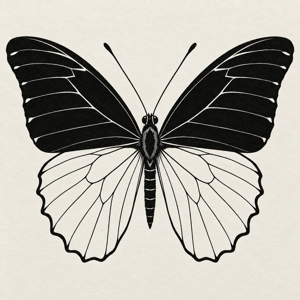 A butterfly with its upper wings filled solid black and its lower wings left as open line.