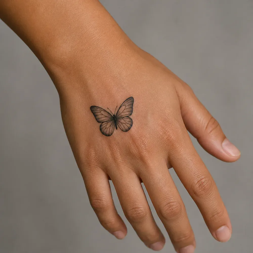 A small fine-line butterfly tattooed on the back of the hand, on medium brown skin.