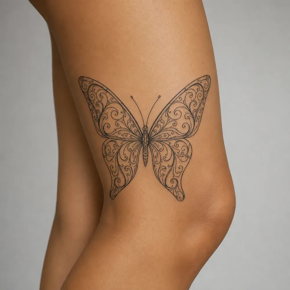 An ornamental fine-line butterfly with filigree wings tattooed on the thigh above the knee, on warm tan Filipino skin.