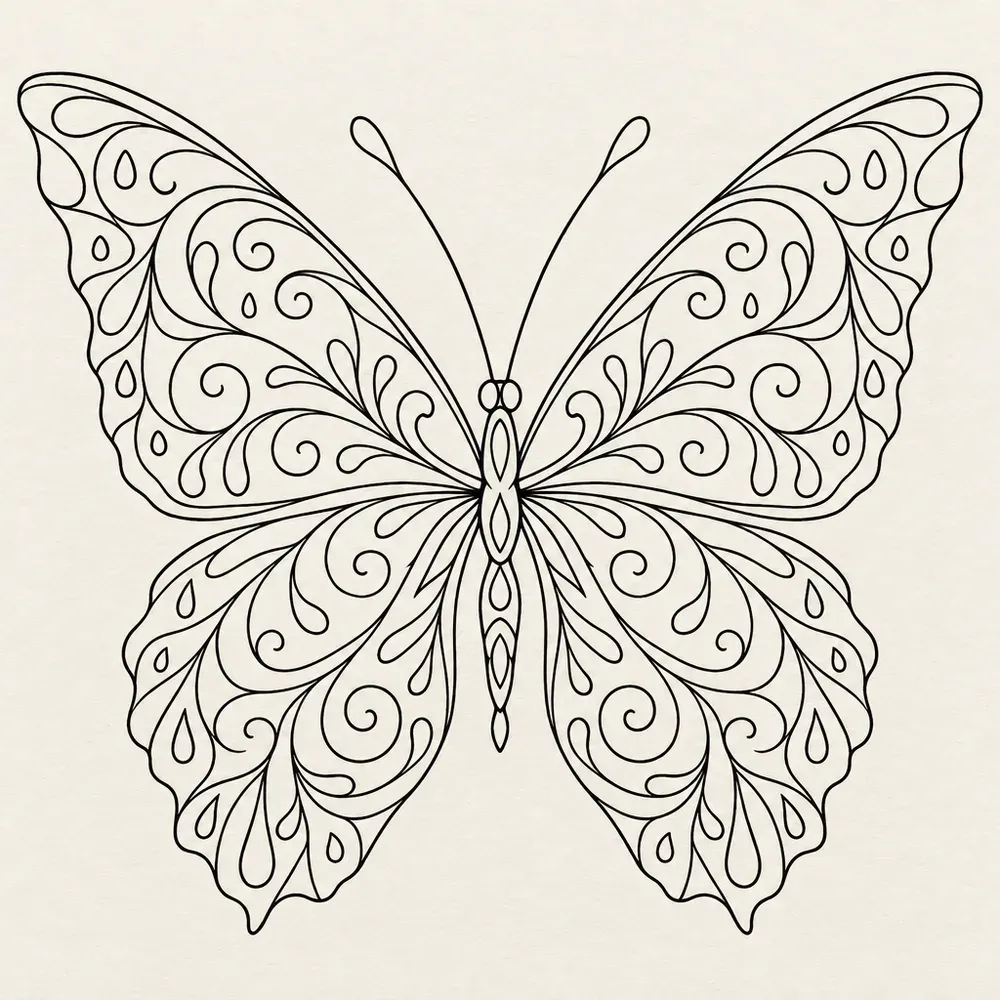 A butterfly whose wings are filled with fine scrollwork and small teardrop shapes.