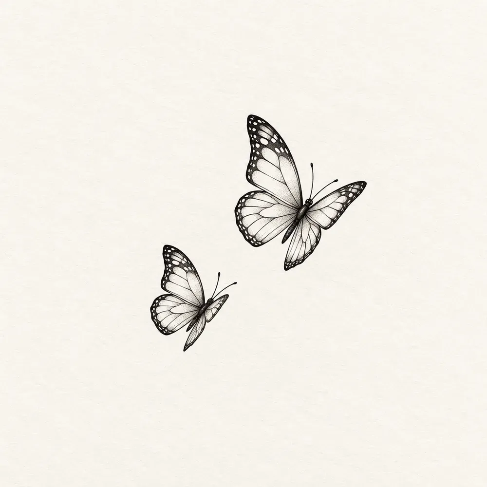 Two small butterflies in flight, one above the other, wings part open.