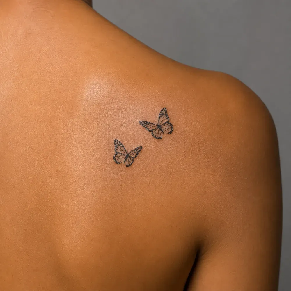 Two small fine-line butterflies tattooed on the shoulder blade of warm brown Filipino skin, seen from behind.