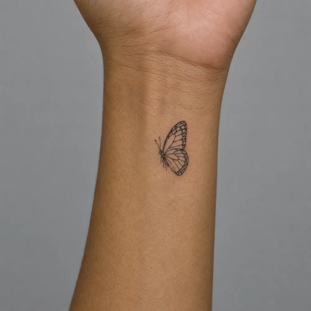 A small fine-line butterfly seen from the side, tattooed on the inner wrist of olive skin.