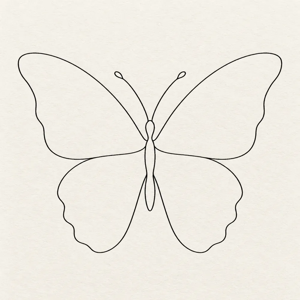 A butterfly drawn as one continuous thin line, with no detail inside the wings.