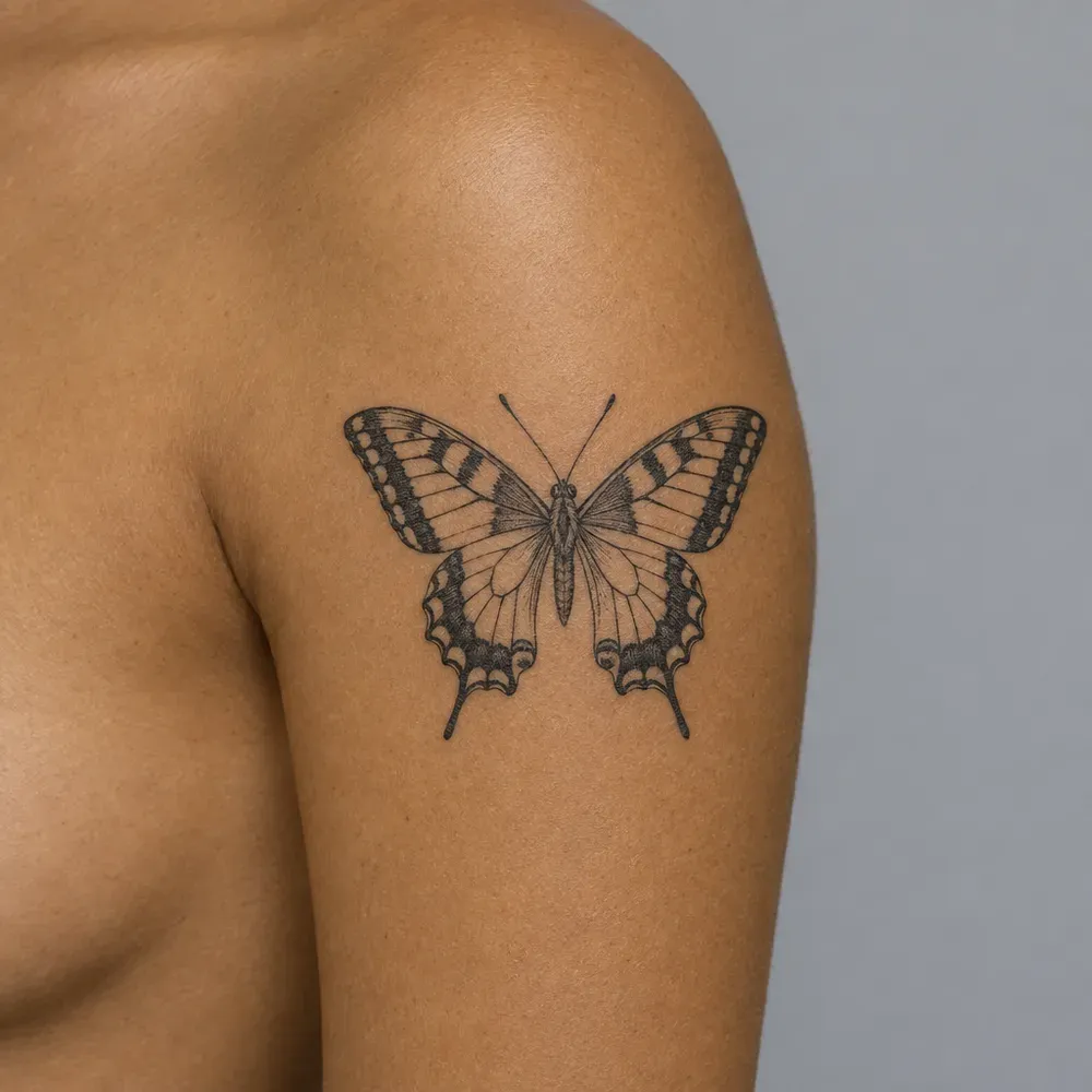 A fine-line swallowtail butterfly tattooed on the outer upper arm of olive skin.