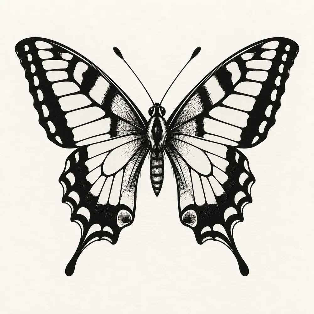A swallowtail butterfly with open wings in heavy black and white, tails trailing from the lower wings.