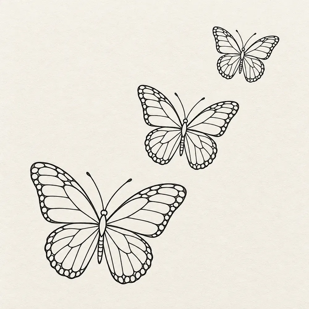 Three butterflies of decreasing size rising in a diagonal line.