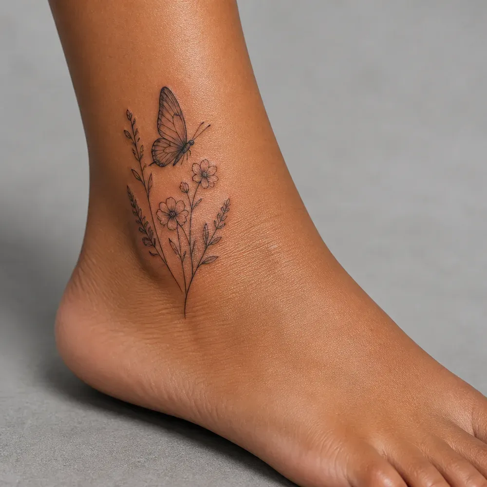 A fine-line butterfly among wildflowers tattooed on the outer ankle of medium brown skin.