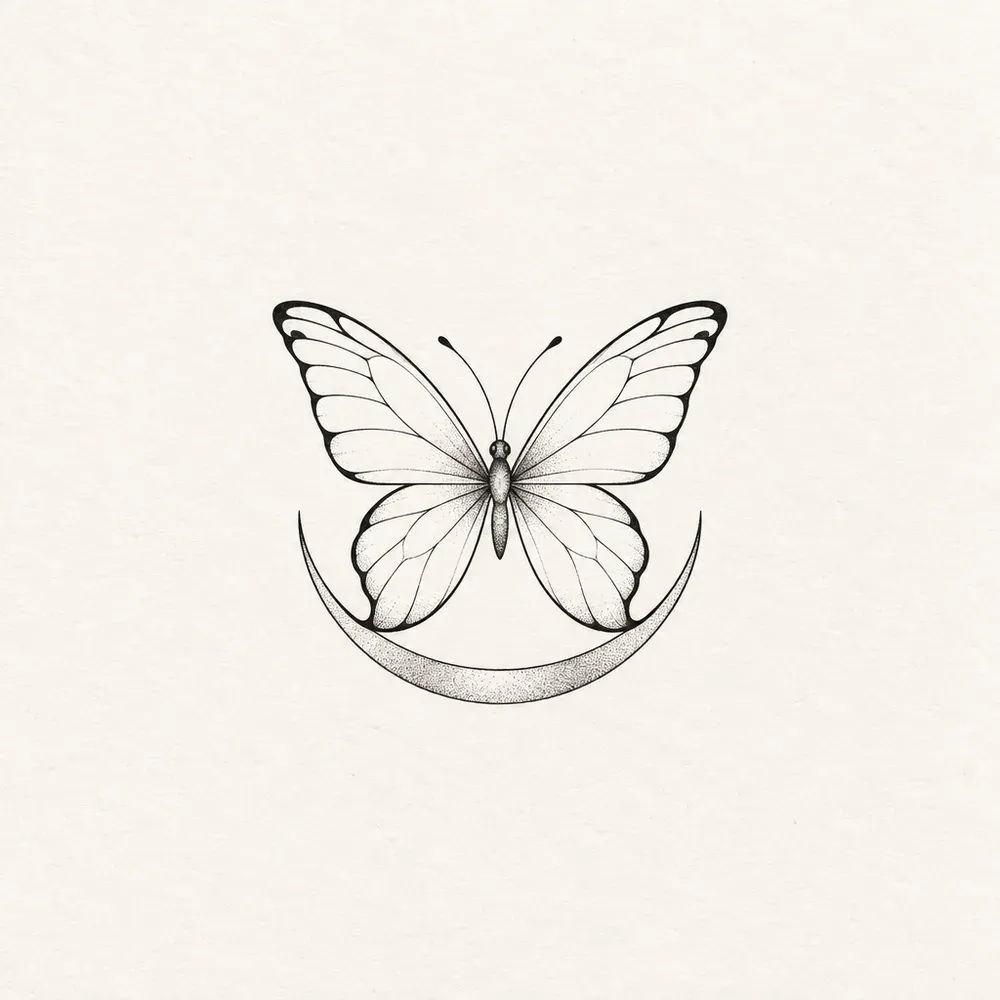 A butterfly with open wings resting above a slim crescent moon.