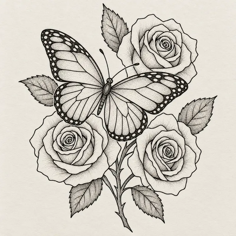 A butterfly resting among three roses with leaves, the petals shaded in fine stipple.