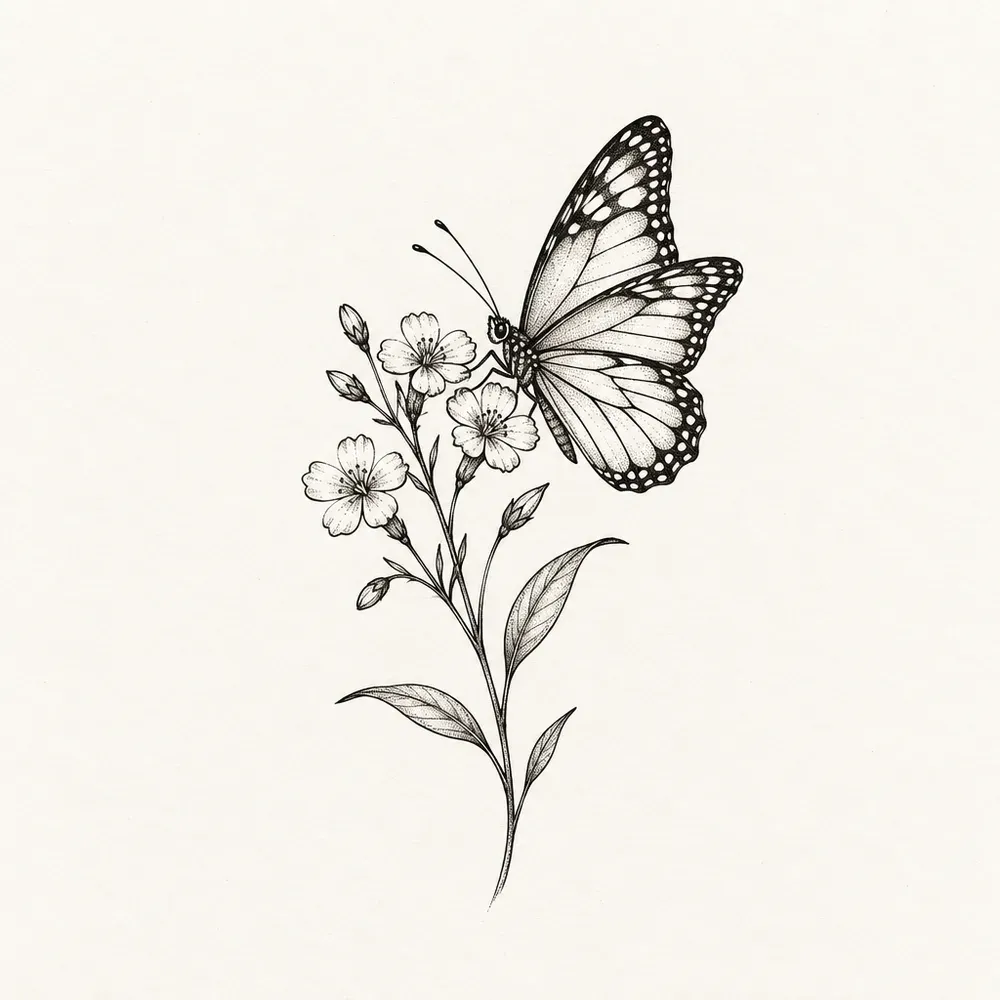 A butterfly perched at the top of a stem of small open flowers and leaves.