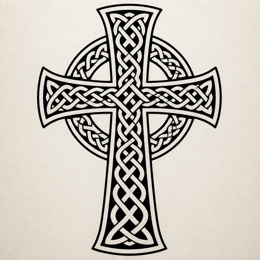 A Celtic cross with flared arms and a ring around the centre, every arm and the ring filled with interlaced knotwork and solid black between the bands.