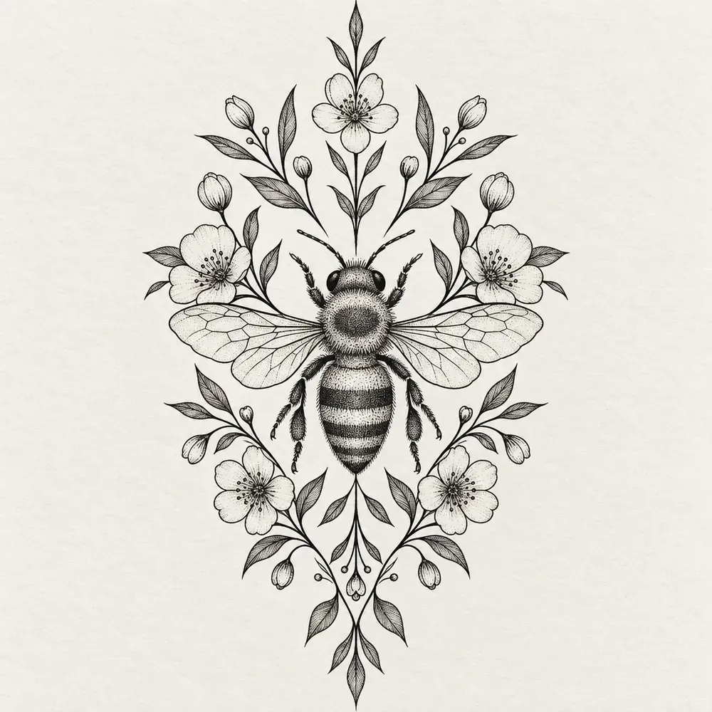 A honey bee with small flowers and leaves fanning symmetrically to either side of it.