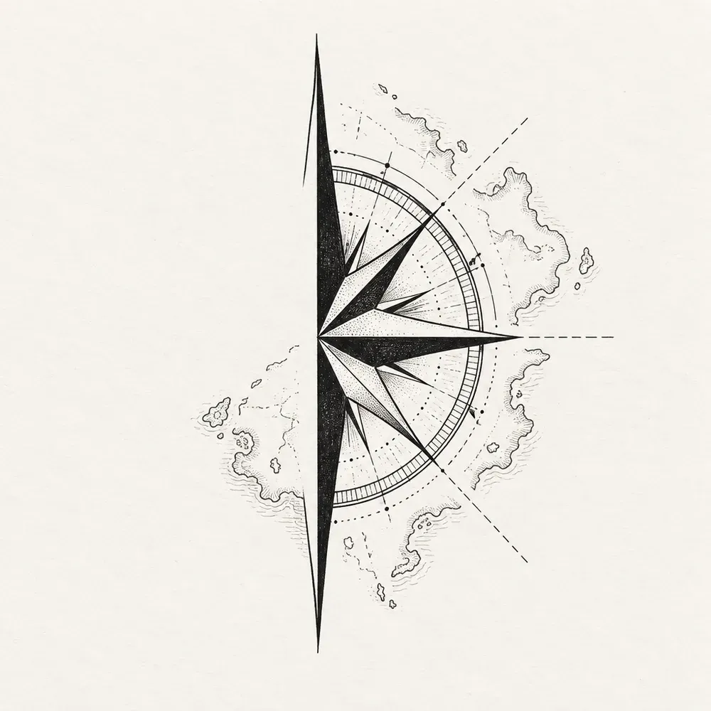 A compass rose with one half drawn solid and faint map contours spreading behind it.