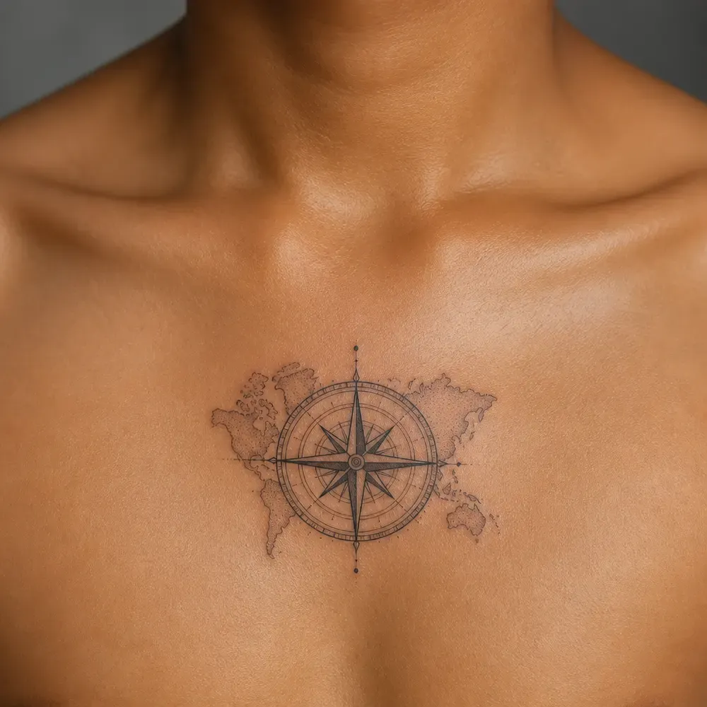 A fine-line compass with faint map contours tattooed on one side of the chest, on medium brown skin.