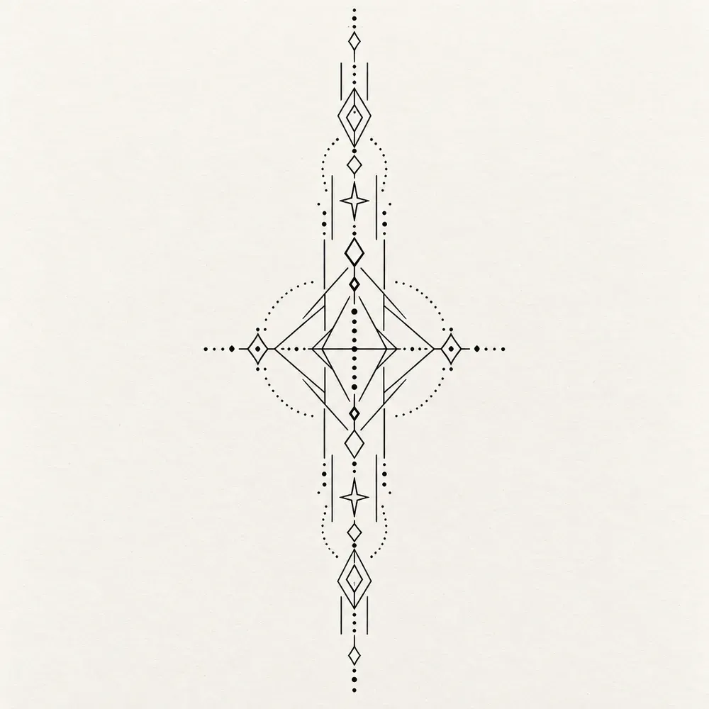 A tall narrow ornament of stacked diamonds, thin straight lines and rows of small dots.