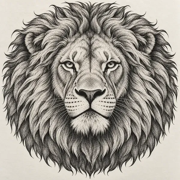 A lion's head facing forward with a full mane, shaded in heavy stipple.