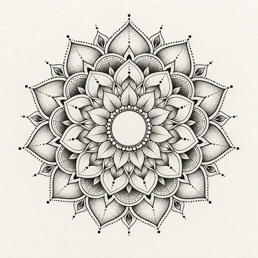A round mandala of layered petals and rings of dots, symmetrical from a small open centre.