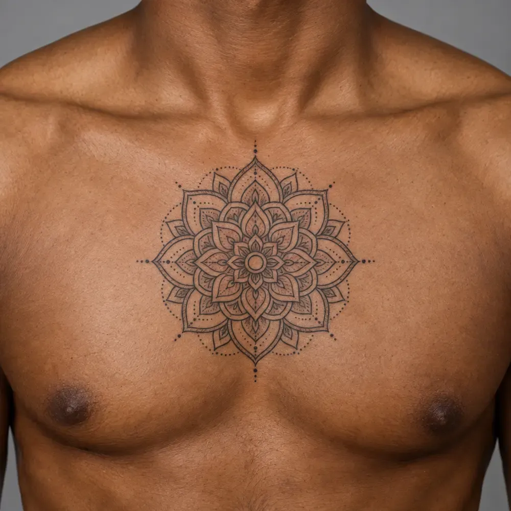 A fine-line mandala tattooed at the centre of the chest, on warm brown skin.