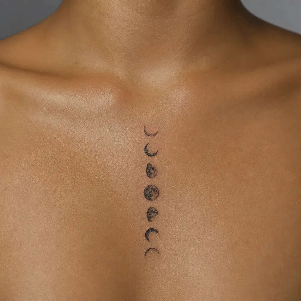 A chain of moon phases tattooed down the sternum, on medium brown skin.