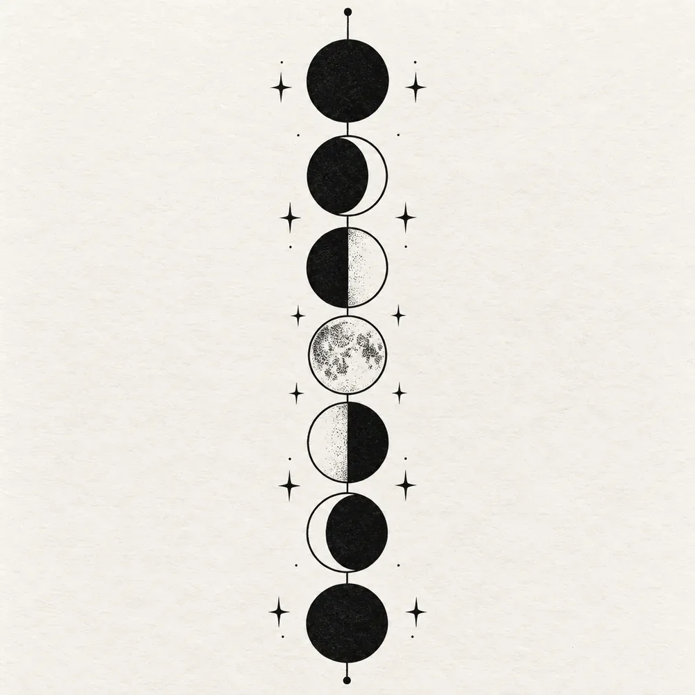 A vertical chain of moon phases, each shadow filled solid black, with small stars between them.
