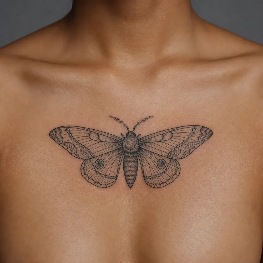 A fine-line moth tattooed across the sternum of medium brown skin.