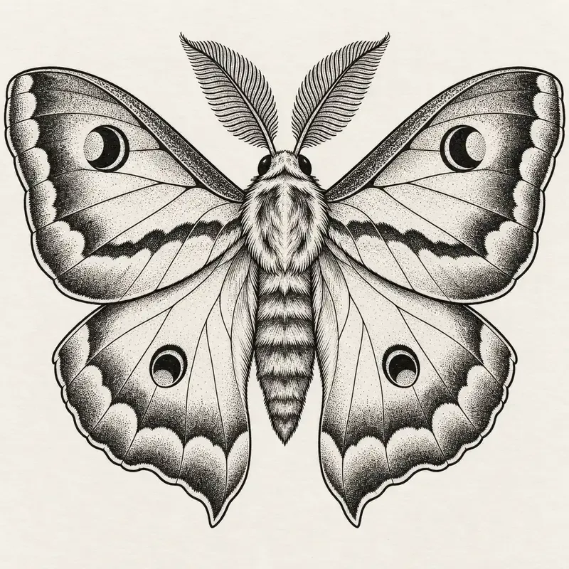 A moth seen from above with broad patterned wings and feathered antennae.