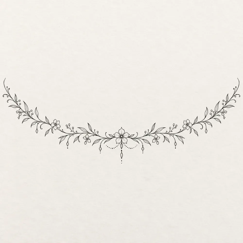 A shallow arch of fine line and small flowers, dipping at the centre and tapering to points at both ends.
