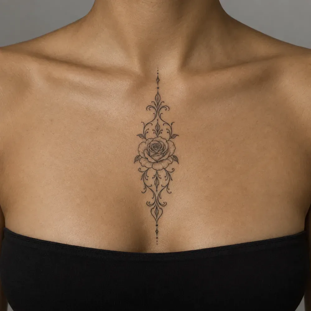 A rose and filigree ornament tattooed down the sternum, on olive skin.